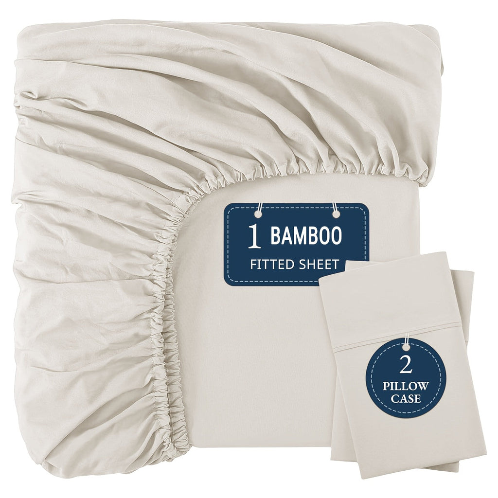 Bamboo Fitted Sheet Set 3-Piece ¨C Cooling Breathable Soft Deep Pocket Bed Sheets, Twin Full Queen King, 12 Colors ¨C Fits Mattress Up to 15¡±