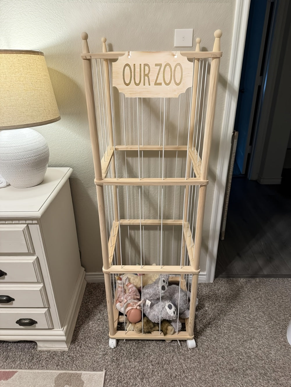 Stuffed Animal Storage Tower Wooden Zoo Cage Design Large Plush Toy Organizer Holder for Kids Playroom Bedroom No-Tool Assembly Boys Girls Gift