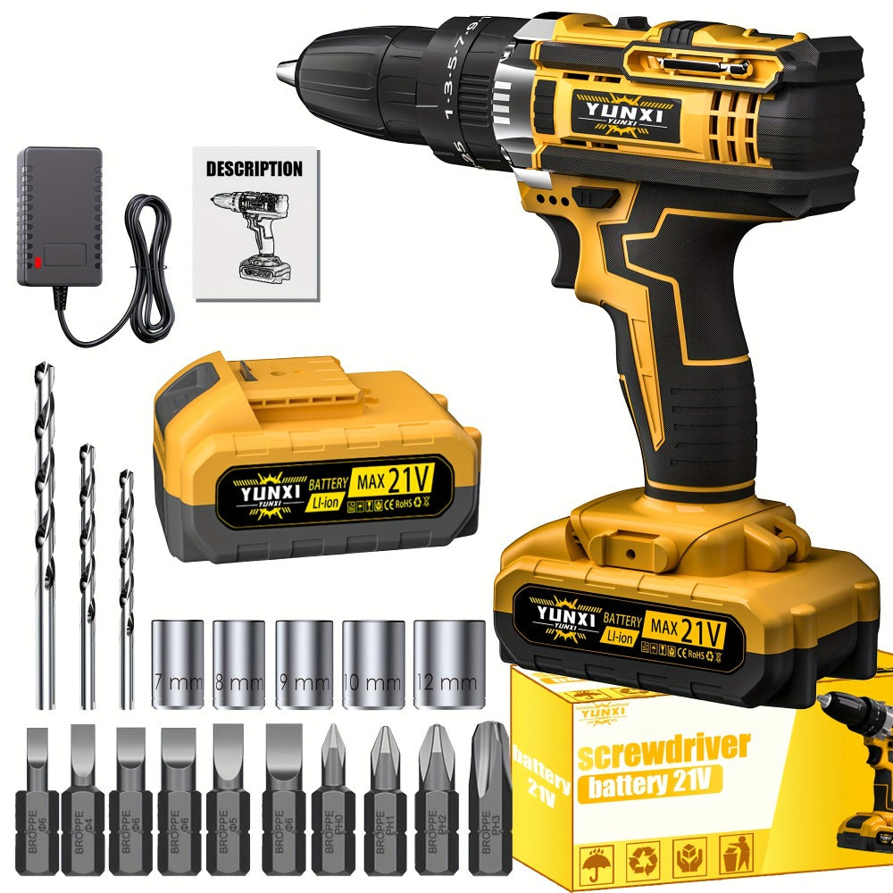 Cordless Impact Wrench 21V Brushless Electric Drill Set with 4000mAh Battery, Toolbox & Full Accessories, Wireless Power Drill for Automotive, Home & Industrial Use, Men's Gift