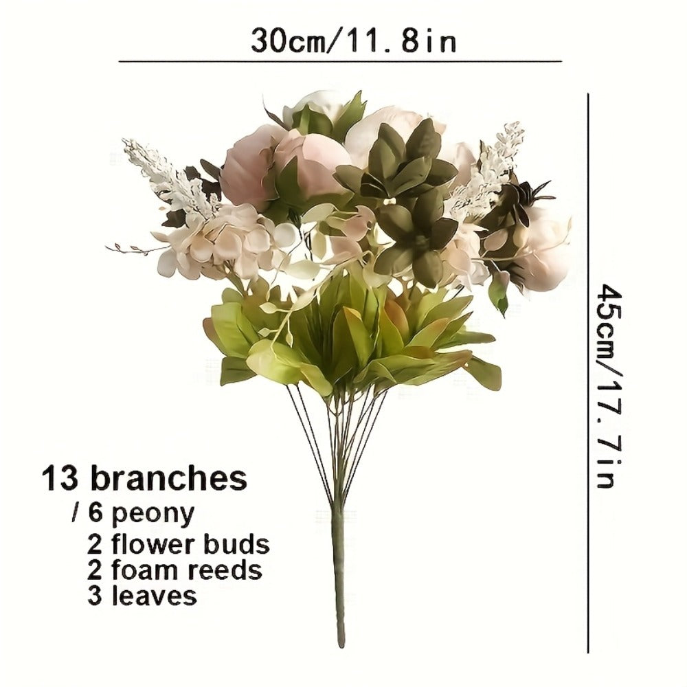 Faux Peonies Hydrangeas Artificial Flowers Vintage Silk Bouquet - Pink Green Mix Floral Centerpiece for Bridal Wedding Home Table Decor Rustic Farmhouse Arrangement