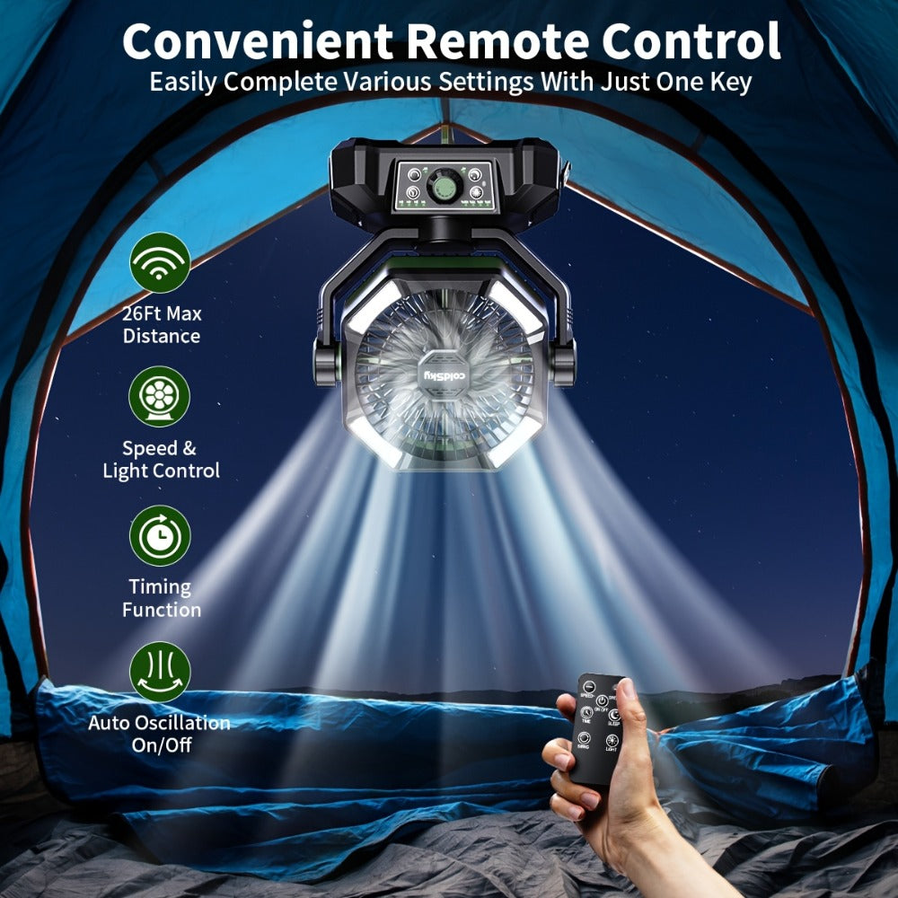 Camping Fan with Dual Motors & 4 LED Lights ¨C Portable Tent Fan with Remote Control, 8 Speed Settings, 20000mAh Battery & Hanging Hook for Outdoor Camping, Power Outages & Indoor Use