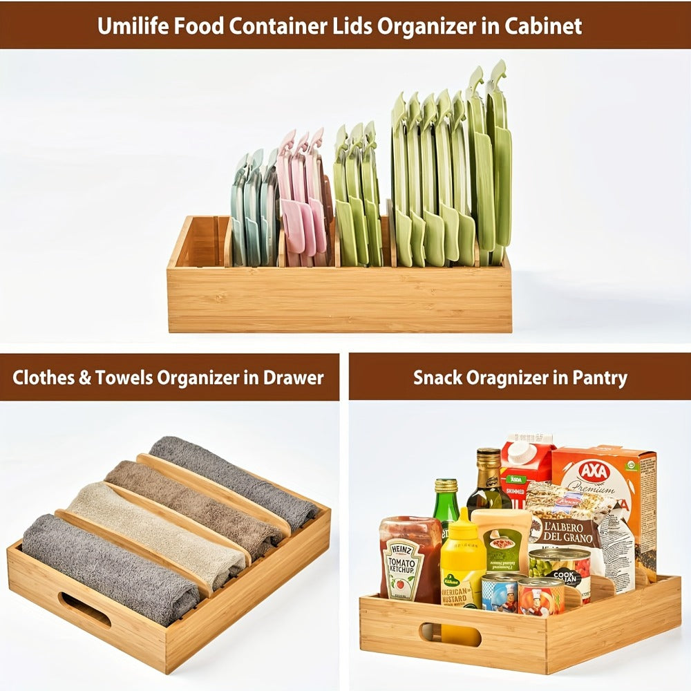 Bamboo Lid Organizer for Kitchen Cabinet with 5 Adjustable Dividers - Tupperware Lid Holder for Food Container Lids, Pot Lids Storage Rack with Writable Labels, 13¡± Wide