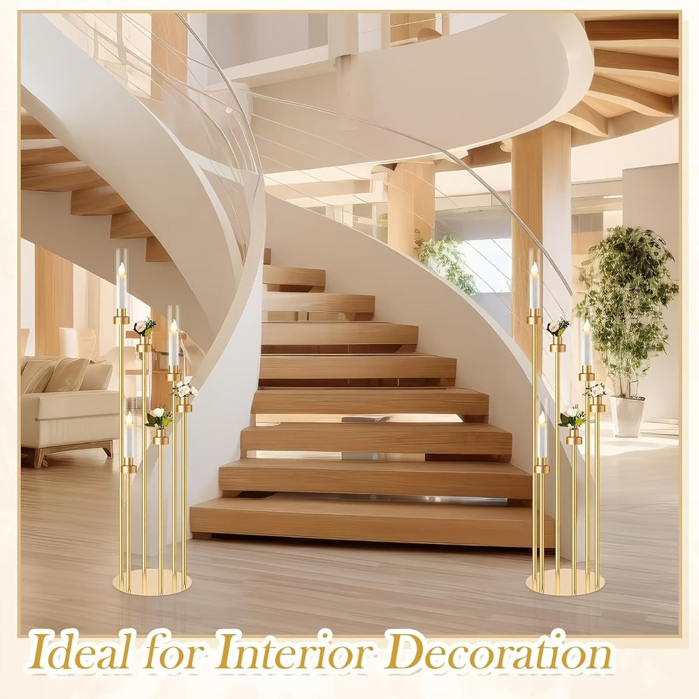Floor Candelabra 6-Arm 46 Inch Gold Metal Candlestick Set with 12pcs LED Candles & Acrylic Shades, Tall Wedding Centerpiece Candle Holder for Valentine's Day Anniversary Party Home Decor