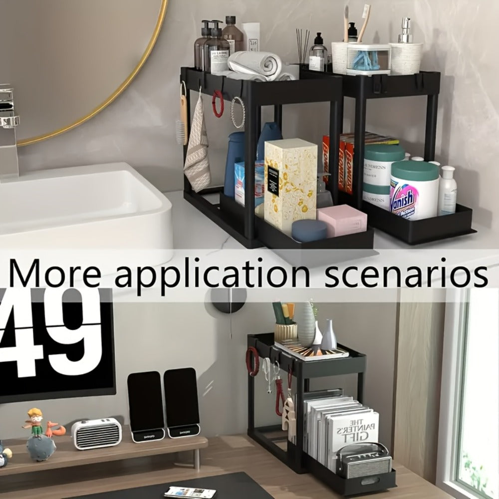 Under Sink Organizer 2pcs Double Tier Sliding Storage Basket with 8 Hooks ¨C Kitchen Bathroom Cabinet Rack Shelf