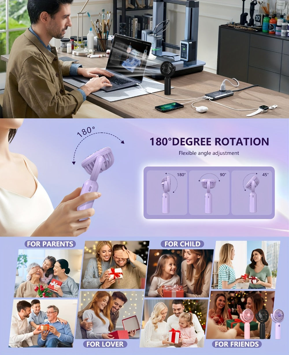 Handheld Fan Mini USB-C Rechargeable 3 Speed 180 Degree Adjustable Portable Personal Fan for Indoor Outdoor Travel Summer Cooling Gift 3 Pack 6 Pack Black Pink Purple