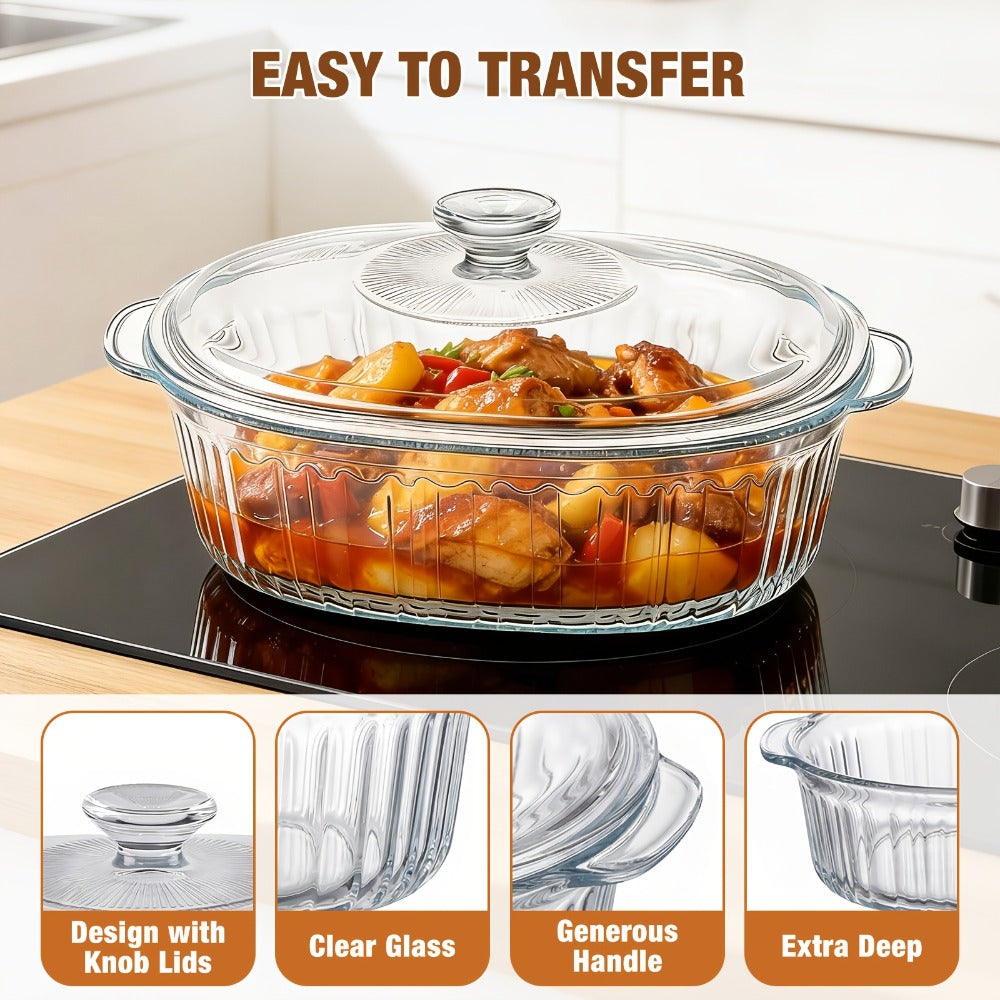 Borosilicate Glass Baking Dish with Lid 96oz ¨C Oval Casserole Pan Microwave Oven Fridge Safe | Multi-Use for Baking, Meal Prep, Grilled Fish, Salad & Food Serving | Kitchen Bakeware with Cover