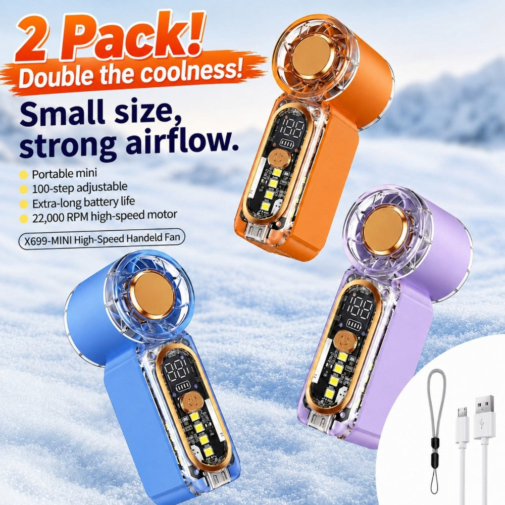 Mini Handheld Pocket Fan 2 Pack 22000RPM Brushless Motor 100 Speed Digital Display Type-C Fast Charge LED SOS Mode Quiet for Outdoor Camping Travel Office Orange Purple Blue