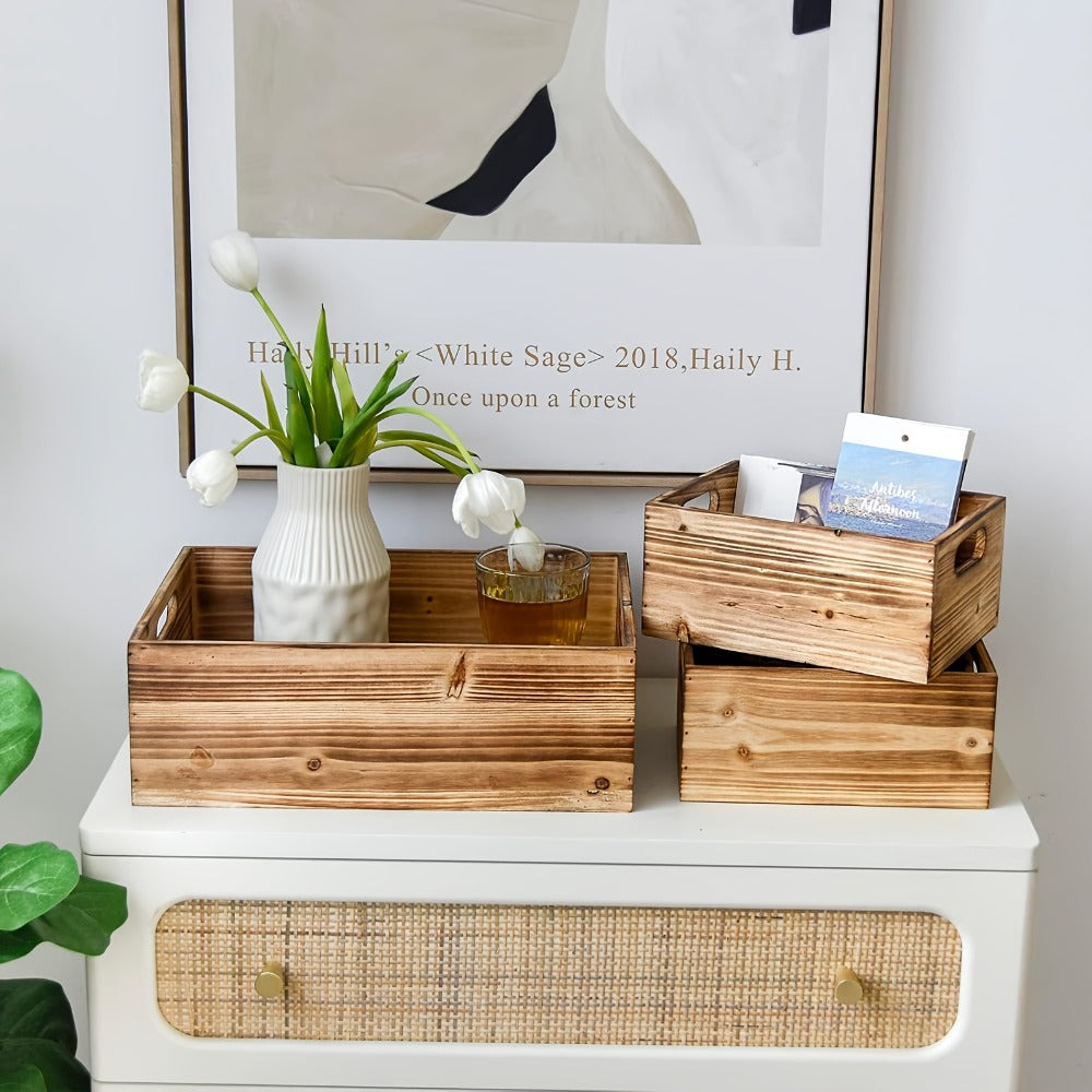 Wooden Crates with Handles Set of 3 ¨C Rustic Farmhouse Storage Boxes for Pantry, Shelf, Closet, Arts & Crafts, Home Organizer Decorative Wood Crate Display Boxes Brown
