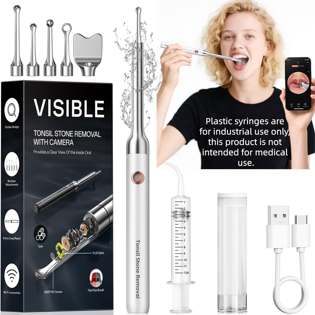 Visual Tonsil Stone Remover with 1080P HD Camera ¨C 6 LED Lights, 5 Stainless Steel Heads, Bad Breath Prevention, iOS & Android Compatible, At-Home Tonsil Care Kit