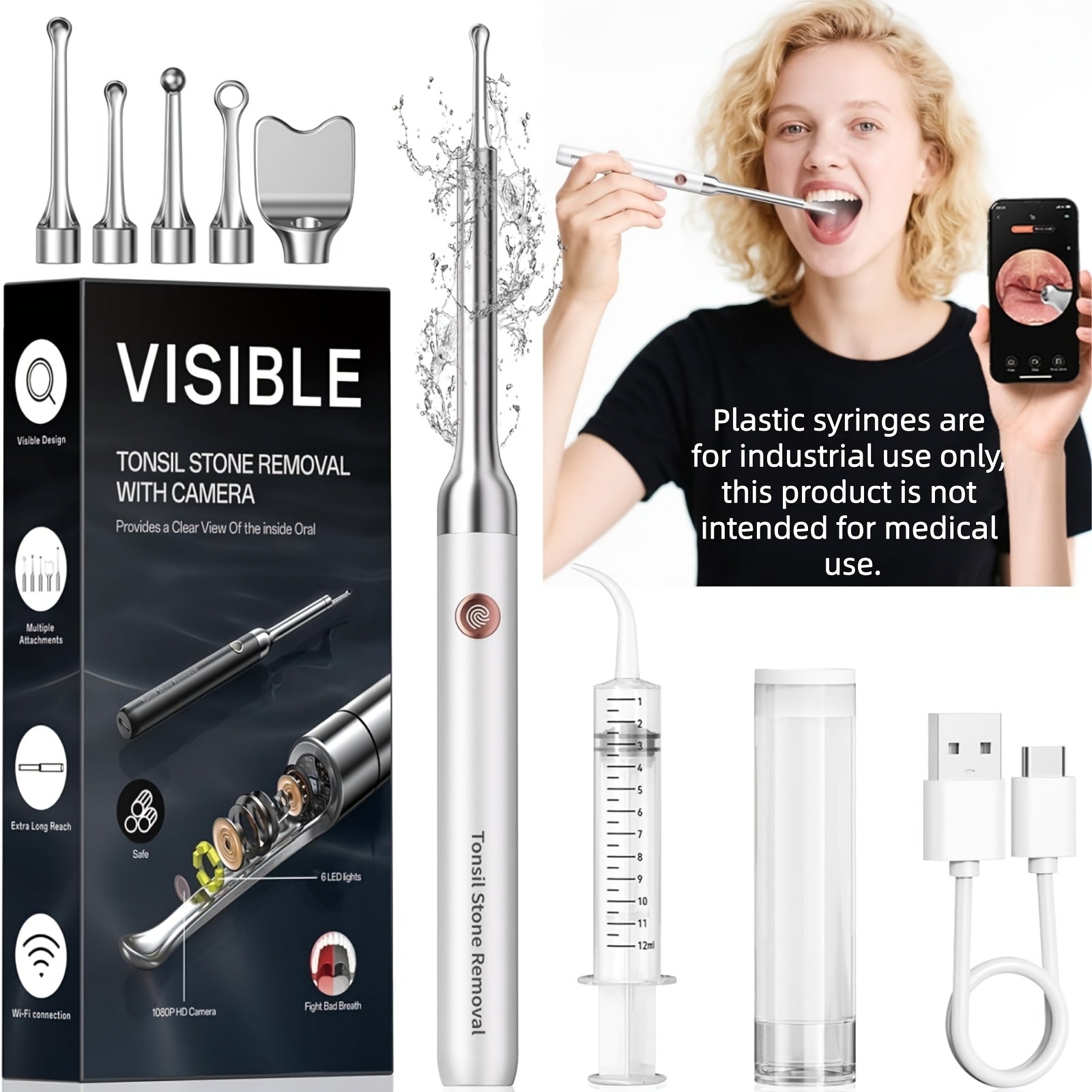 Visual Tonsil Stone Remover with 1080P HD Camera ¨C 6 LED Lights, 5 Stainless Steel Heads, Bad Breath Prevention, iOS & Android Compatible, At-Home Tonsil Care Kit