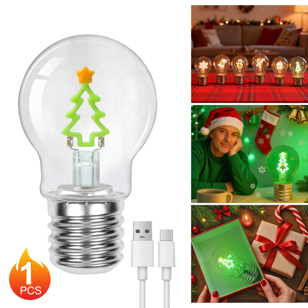 Christmas LED Decorative Bulb Type-C Rechargeable A19 Novelty Night Light ¨C Warm White Holiday Shape Bulbs for Indoor Table Window Decor, Bell Elk Snowman Snowflake Christmas Tree Gift Style