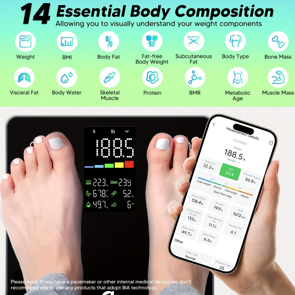Smart Body Scale 14-in-1 ¨C Body Fat Scale with BMI, Muscle Mass & 14 Health Metrics, Wireless Bluetooth App Sync, Auto Recognition, 500 lb Capacity, HD LED Display for Home & Gym Use