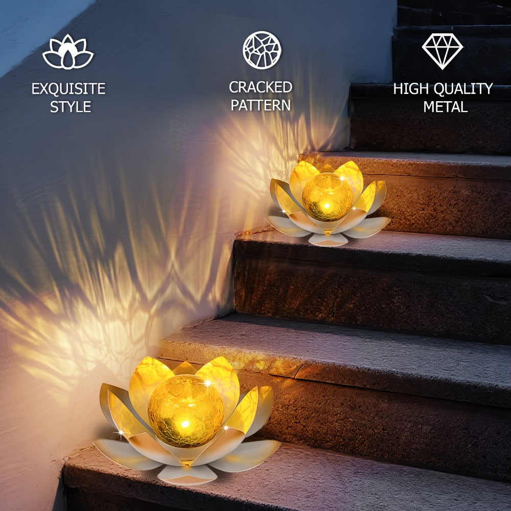 Solar Lotus Garden Lights 2-Pack ¨C Rustic Iron Outdoor Stake Light with Cracked Glass Globe, IPX4 Waterproof Solar Powered Yard Lawn Patio Pool Decor, Warm Glow Landscape Lighting Gift