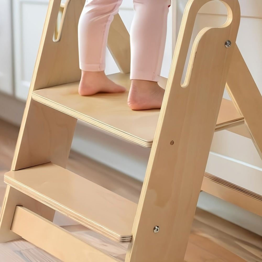 Foldable Step Stool Non-Slip Double-Tier with Handle Portable Toilet Training Stool for Bathroom Kitchen Bedroom Countertop Sink Kids Adults Natural Wood Finish Sturdy Step Ladder