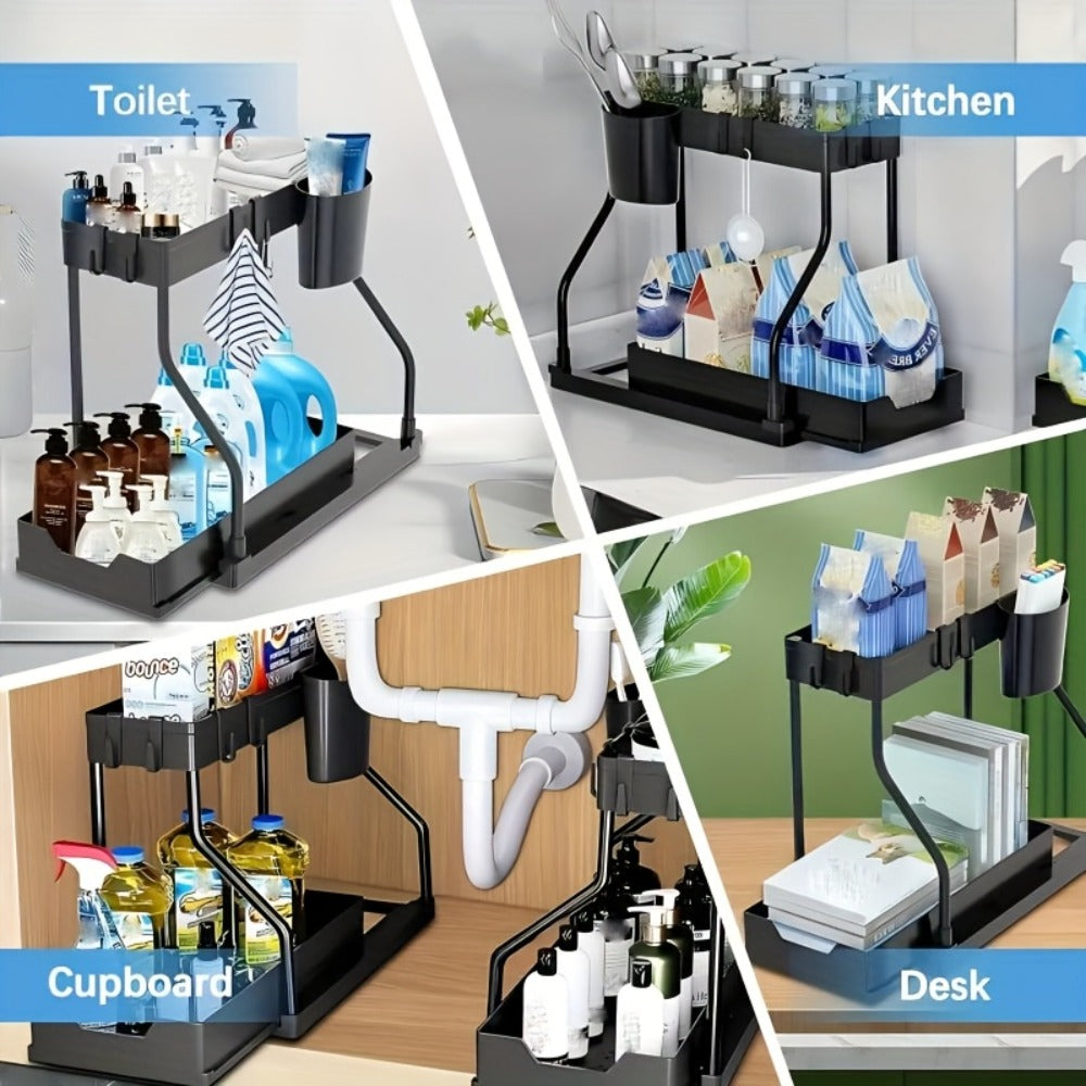 Under Sink Organizer 2pcs with Sliding Shelves ¨C Durable Pull-Out Cabinet Storage for Bathroom Kitchen Space Saving Vertical Design