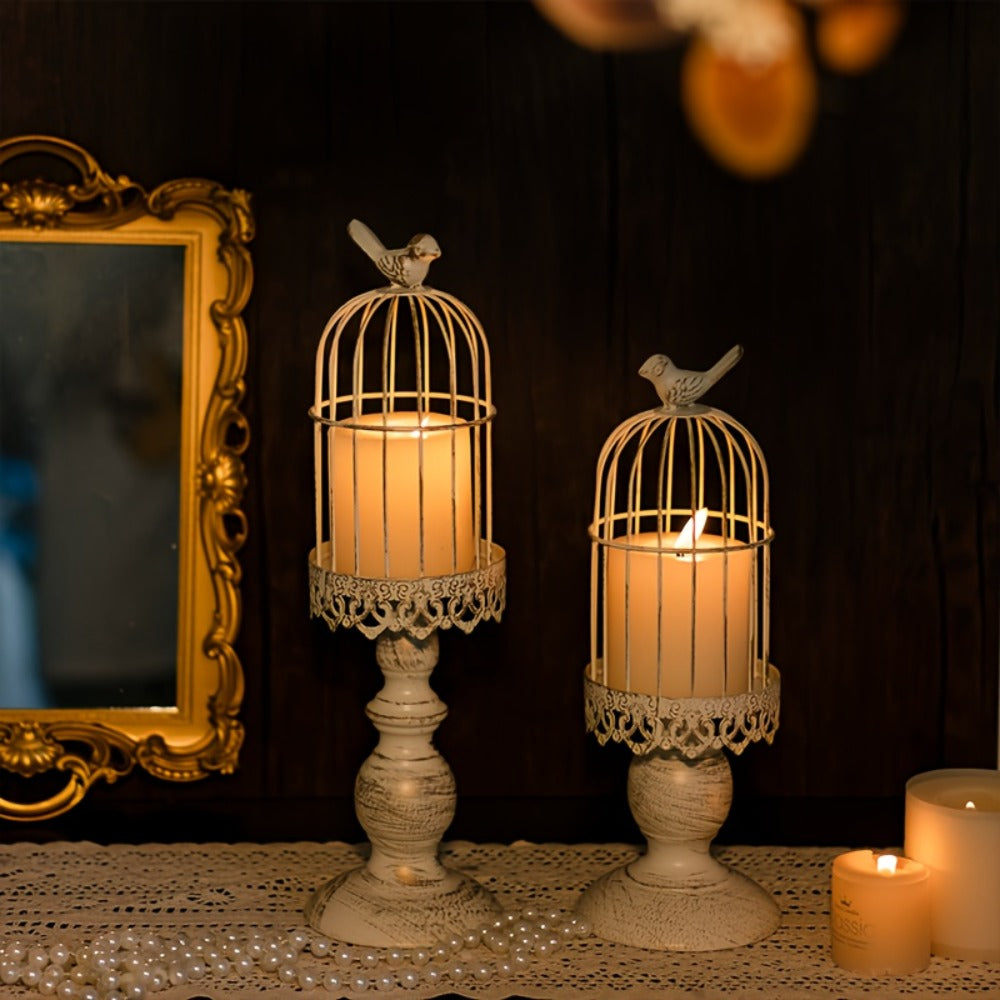 Birdcage Candle Holders Set of 2, Vintage Metal Candlestick Holders with Polished Finish ¡ª Wedding Table Centerpieces, Home Decor & Christmas Decoration | Black & White