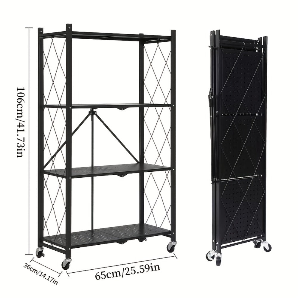 Rolling Storage Rack with Wheels 3 4 5 Tier Folding Shelving Unit No Assembly Required, Freestanding Metal Shelf Organizer for Kitchen Living Room Garage Office Basement, Black White
