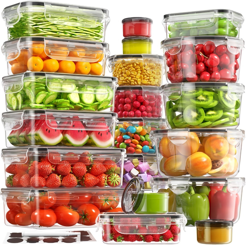Airtight Food Storage Container Set 16/28/48 Pcs with Secure Lids, Sealed Plastic Containers for Pantry Organization, Kitchen, Travel & Outdoor Picnics ¨C Includes Labels & Markers