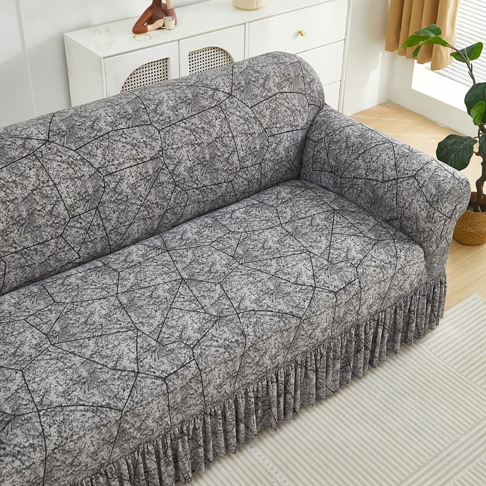 Printed Elastic Skirt Sofa Cover Modern Hem Design Stretch Sofa Slipcover Protective Furniture Cover for Living Room Single 2 3 4 Seater Machine Washable