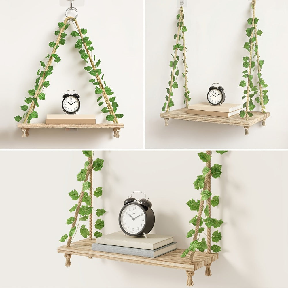 Floating Wall Shelves with Artificial Ivy LED Strip Lights Macrame Boho Wood Hanging Shelf Plant Wall Decor Bedroom Living Room Bathroom 15.7 Inch