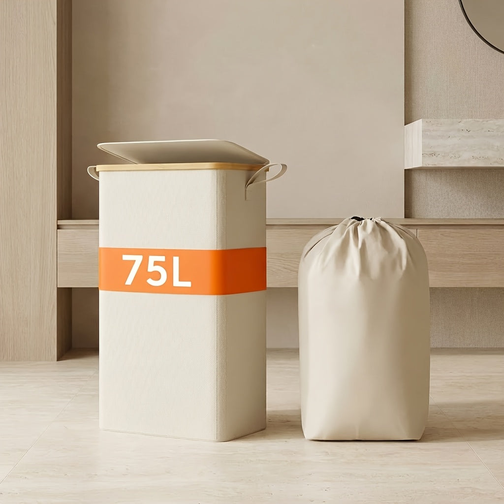 Slim Laundry Hamper with Lid & Removable Bag ¨C Foldable Narrow Clothes Basket with Bamboo Handles for Bathroom, Bedroom & Dorm ¨C 50L / 65L / 75L Space-Saving Collapsible Laundry Bin