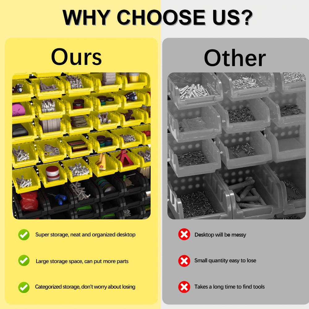 Wall Mounted Storage Bin Rack System ¨C Heavy Duty Small Parts Organizer for Screws, Nuts, Bolts & Nails | Stackable Garage Workshop Tool Storage Rack | 30/60/90 Bins Hardware Organizer