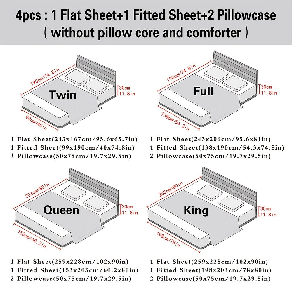 Microfiber Bed Sheet Set 4-Piece Deep Pocket Fitted Sheet Flat Sheet Pillowcases Twin Full Queen King All Colors Soft Breathable Fade Resistant Easy Care