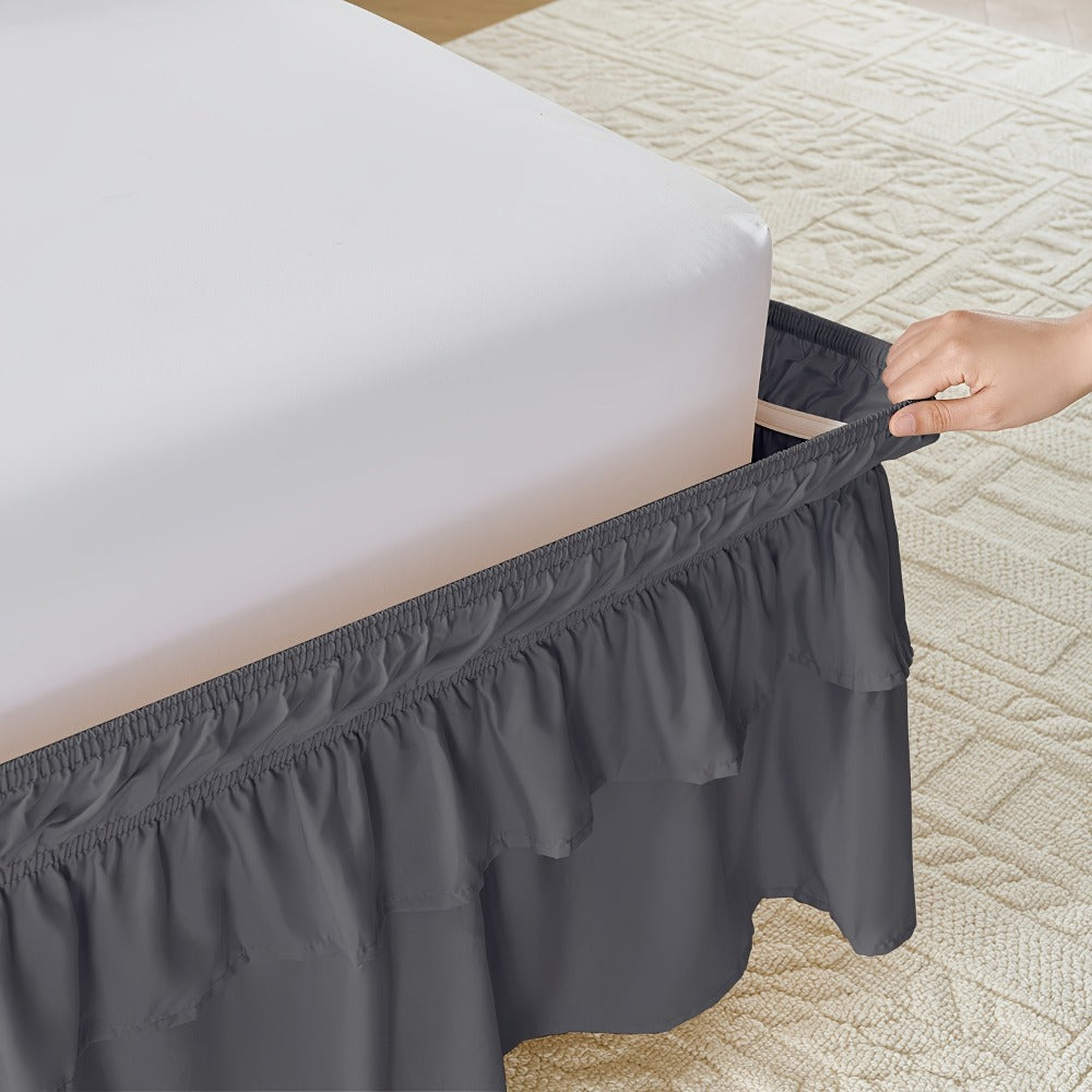 Double Ruffle Bed Skirt 16¡± Drop | Elastic Wrap Around Dust Ruffle for Twin Full Queen King Bed | Easy Install Machine Washable Soft Linen Poly Blend Bedskirt