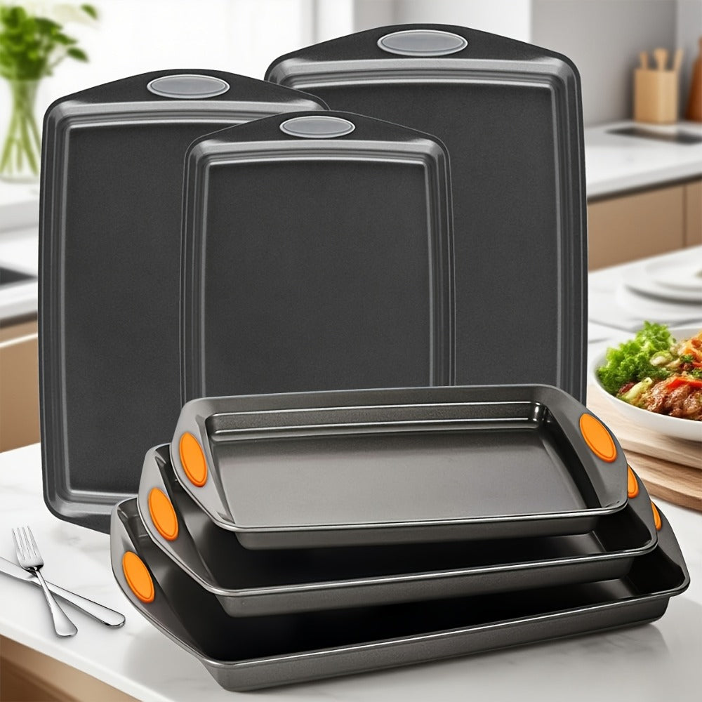 Nonstick Baking Sheet Set with Silicone Handles, Carbon Steel Cookie Sheet Pan Set in Assorted Sizes, Stackable Bakeware for Baking Roasting, Heavy Duty Oven Pans with Orange Handles, 2-Piece or 6-Piece