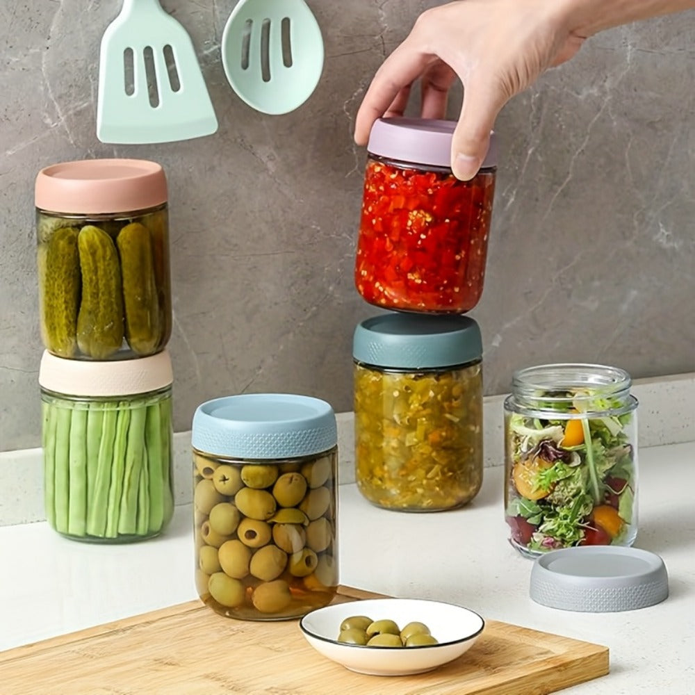 Wide Mouth Mason Jars with Airtight Lids 6 Pack 16oz - Glass Food Storage Containers for Overnight Oats Yogurt Snacks Spices and Salad, Clear Round Glass Jars with Optional Protective Silicone Sleeves for Kitchen Pantry and Meal Prep