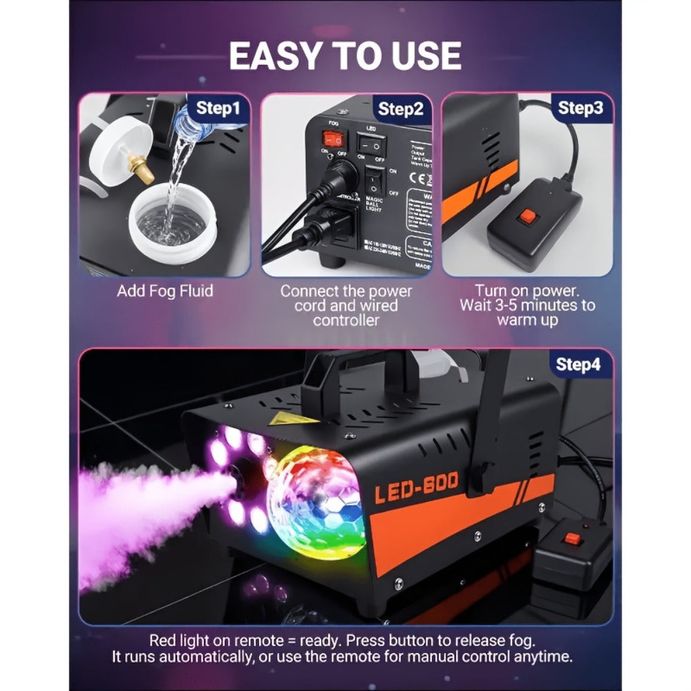 Fog Machine 600W with Disco Ball LED Lights | 3000 CFM Smoke Machine with 13 Colorful LED Effects & Wireless Remote | Party Fog Machine for Halloween, Wedding, DJ Stage, Indoor Events & Nightclub