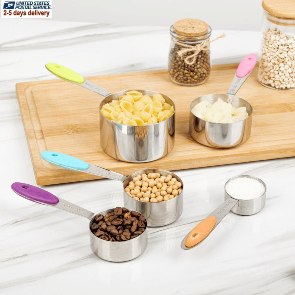 Stainless Steel Measuring Cups and Spoons Set 5pcs with Silicone Handle - Baking & Cooking Kitchen Measurement Tools