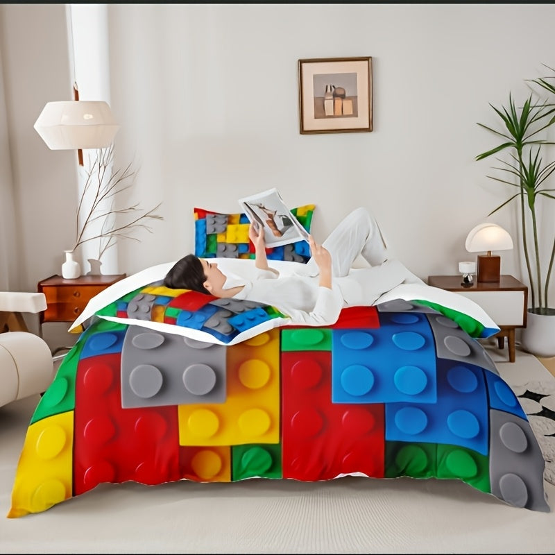 Building Blocks Duvet Cover Set 3D Rainbow Gradient Colorful Brick Bedding Set Kids Room Decor Microfiber Zipper Closure Twin Full Queen King No Comforter