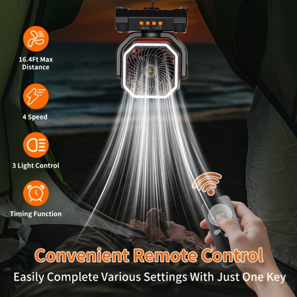 Camping Fan 20000mAh with LED Lantern and Remote Control, 4-Speed 90¡ã Oscillation 1-8H Timer, 59-Hour Battery Life Power Bank Fan with Hook for Tent, Hiking, Outdoor and Indoor Use