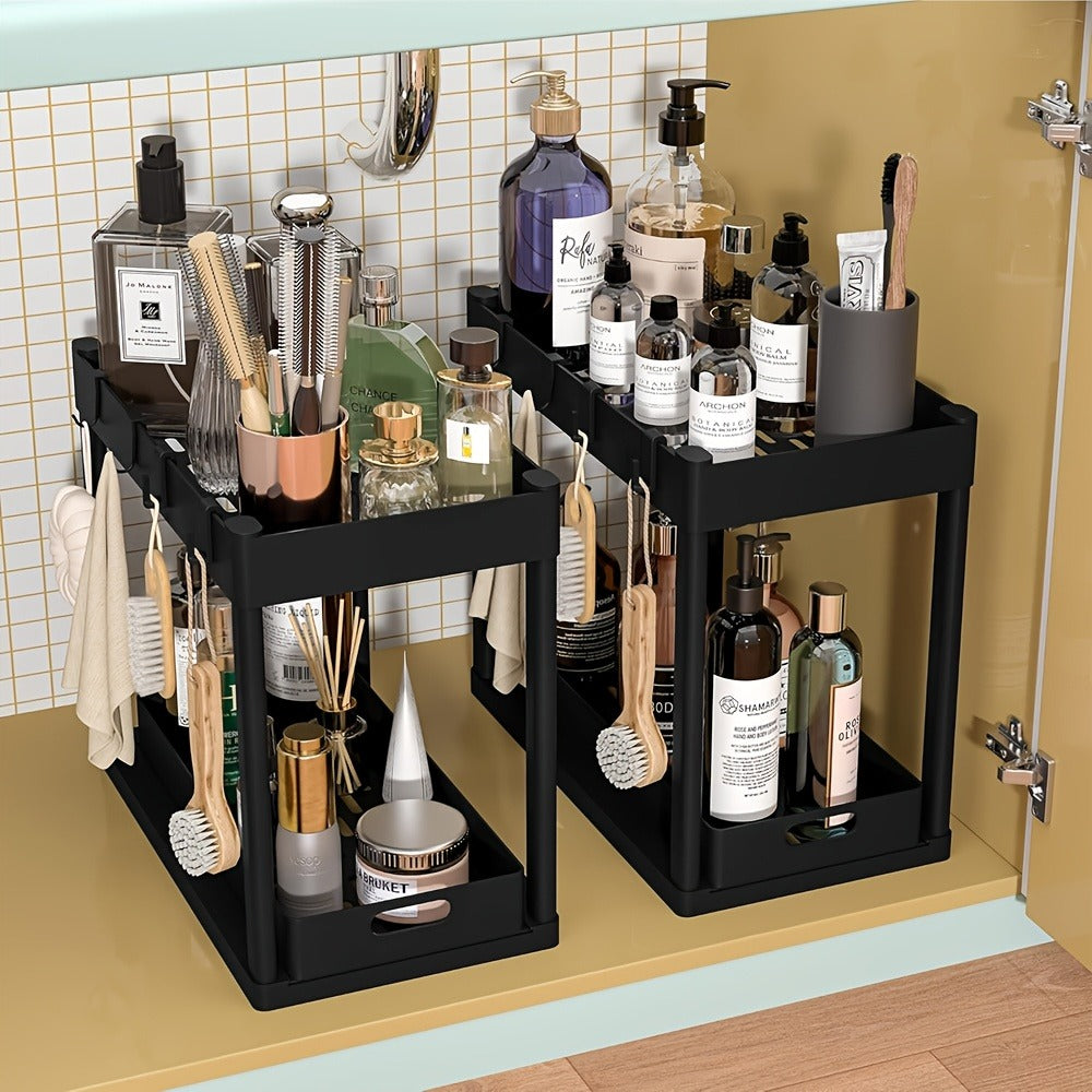 Under Sink Organizer Set of 2 ¨C Dual Tier Sliding Basket Drawers with 8 Hooks Kitchen Bathroom Cabinet Storage