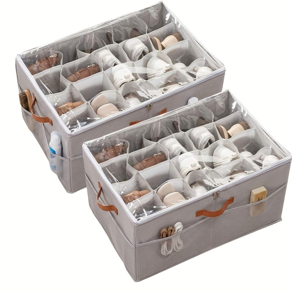 Shoe Storage Box 16-Pair, Clear Foldable Shoe Organizer with Flip-Top Lid & Reinforced Handles ¡ª Heavy-Duty Space-Saving Shoe Box for Closet, Bedroom & Entryway | Black & Grey | 1 or 2 Pack