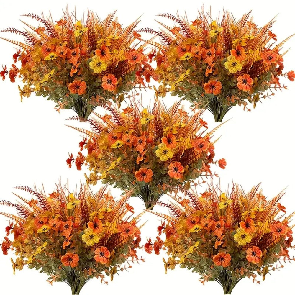 Artificial Autumn Flowers Set of 8 UV Resistant Fake Fall Floral Stems Mix Colors Indoor Outdoor Home Decor Vase Arrangement Fireplace Porch Garden Living Room