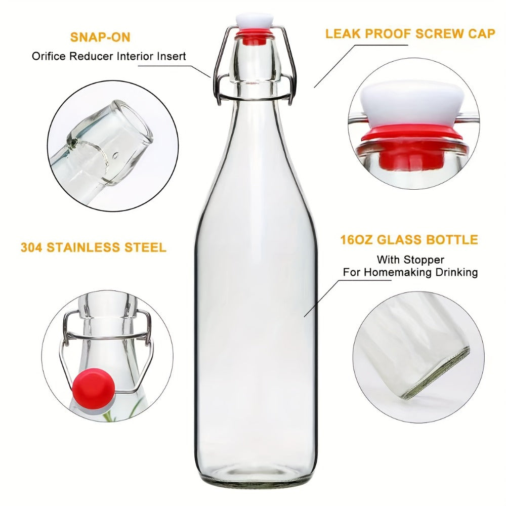 Flip Top Glass Bottles with Stopper 16oz | Airtight Swing Top Bottle for Kombucha, Juice, Vinegar, Honey, Vanilla Extract ¨C Kitchen Storage Set
