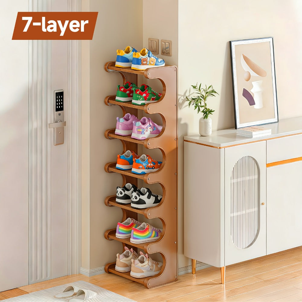 Bamboo Shoe Rack 7 Layer Freestanding ¨C Natural Bamboo Shoe Storage Organizer with Space-Saving Narrow Design, Easy Assembly, Large Capacity for Entryway, Dorm & Apartment