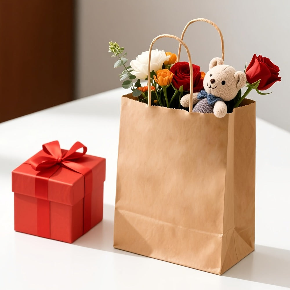 Kraft Paper Gift Bags 100 Pack with Handles | 4.25x2.85x7.85 Inch Small Shopping Bags for Retail, Wedding, Birthday, Party Favor, Coffee, Boutique | Brown, Black, White | Bulk Gift Wrap Bags