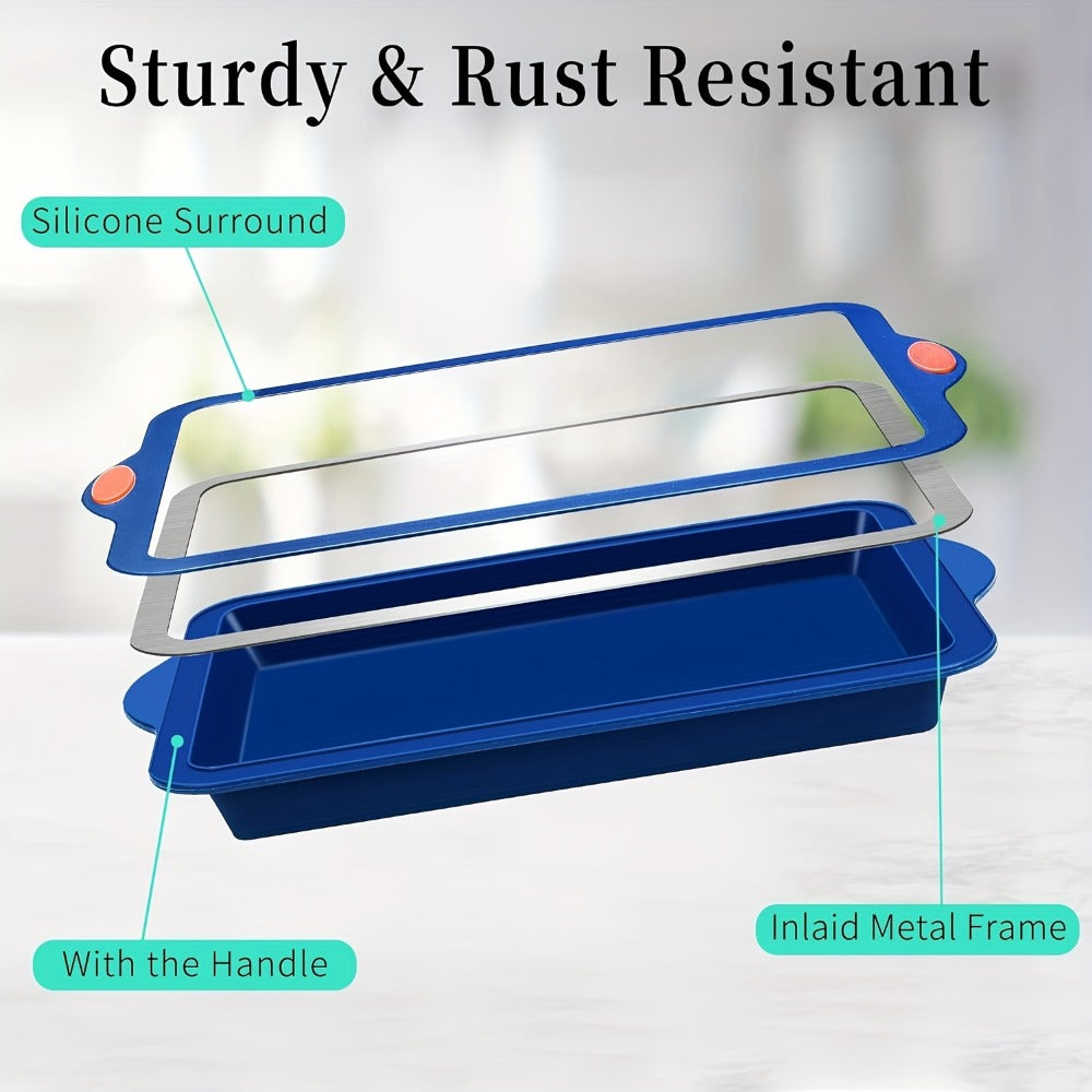 Silicone Baking Pans Set 4-Piece ¨C Nonstick Bakeware with Metal Reinforced Frame, Includes Baking Sheet, Cookie Sheet & Cake Pan with Grips, Oven Safe, Easy Release ¨C Navy Blue & Light Gray