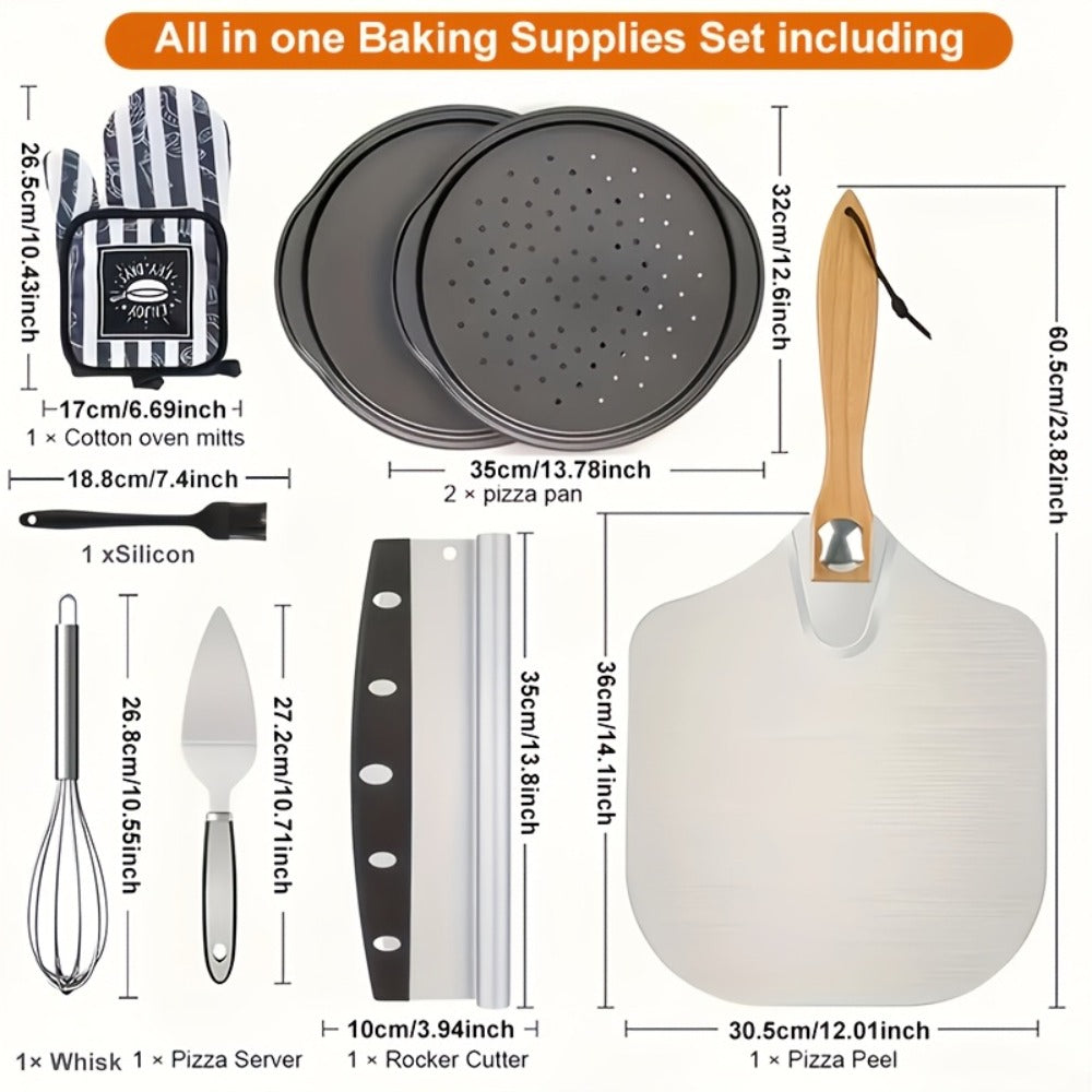 Pizza Making Set with Pizza Peel, Nonstick Pizza Pan, Perforated Pan, Pizza Cutter, Oven Mitts, Pie Server & Basting Brush, Complete Pizza Tools Kit for Oven & Grill, 7-Piece or 8-Piece
