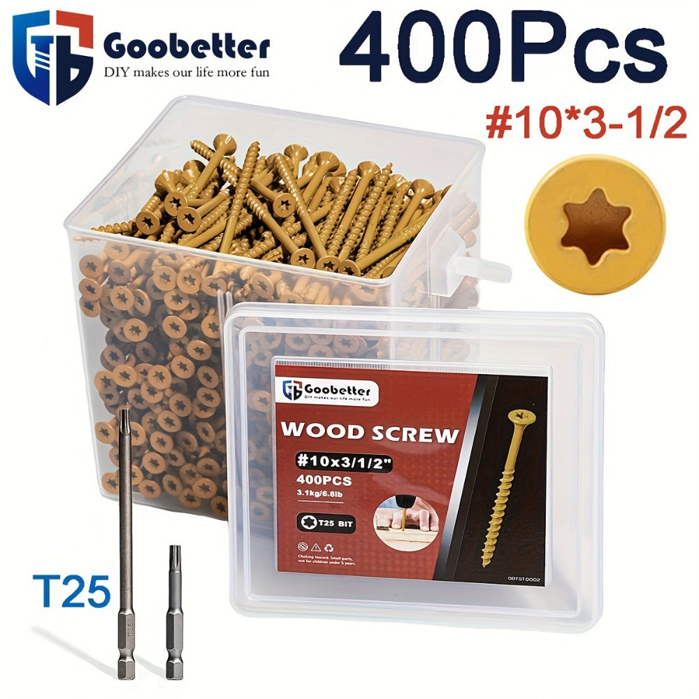 400pcs #10 x 3-1/2¡± Torx Wood Screws Rust Resistant Yellow Ceramic Coating ¨C Flat Head Fully Threaded Self-Tapping Screws for Wood Fastening Decking & Construction