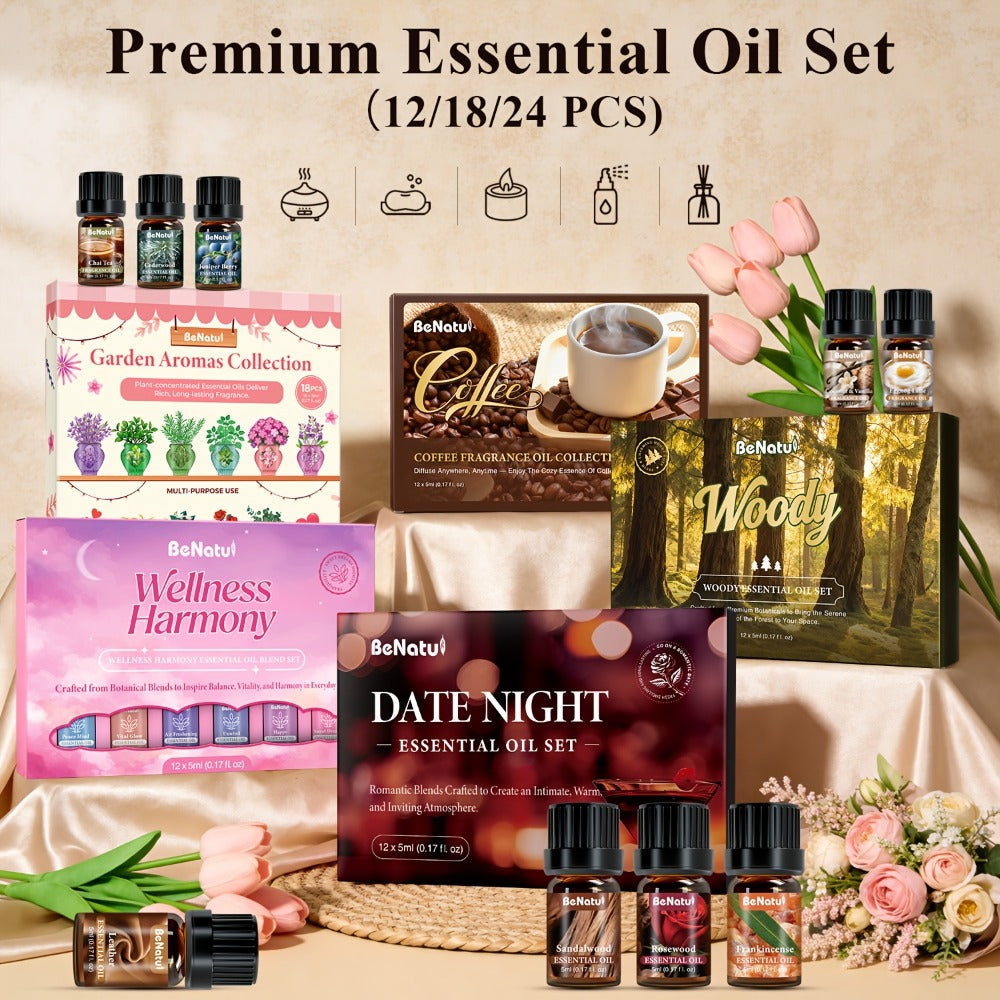 Essential Oil Set for Diffuser Humidifier Candle Making, Woody Coffee Date Night Garden Aroma Botanical Fragrance Oils, Sandalwood Cedarwood Lavender Peppermint Scents, Christmas Valentine Gift 12-24pcs