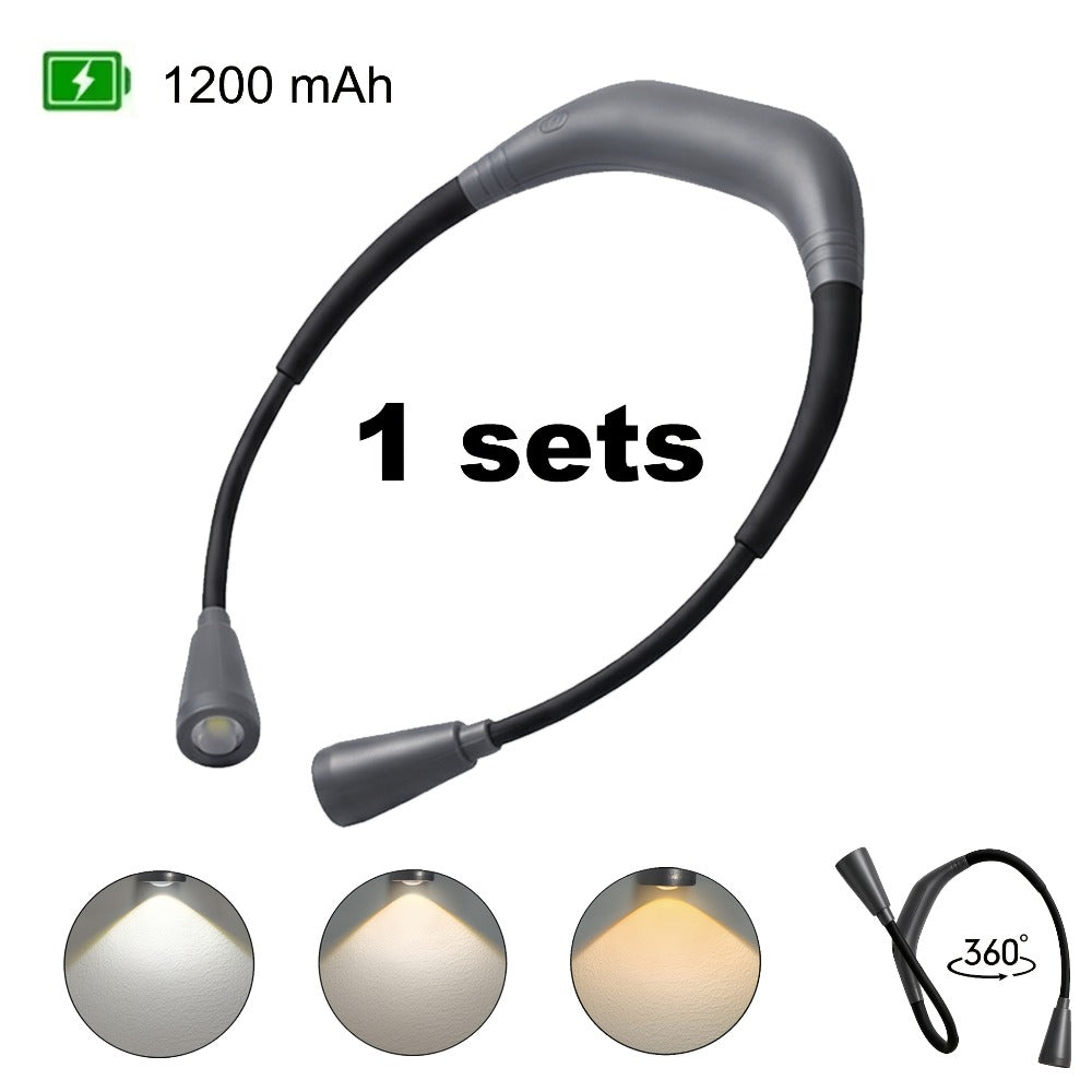 LED Neck Reading Light USB Rechargeable, 3 Color Modes Adjustable Brightness Hands-Free Book Light for Reading in Bed, Knitting, Crafts, Camping & Bedroom, Portable Wearable Neck Lamp