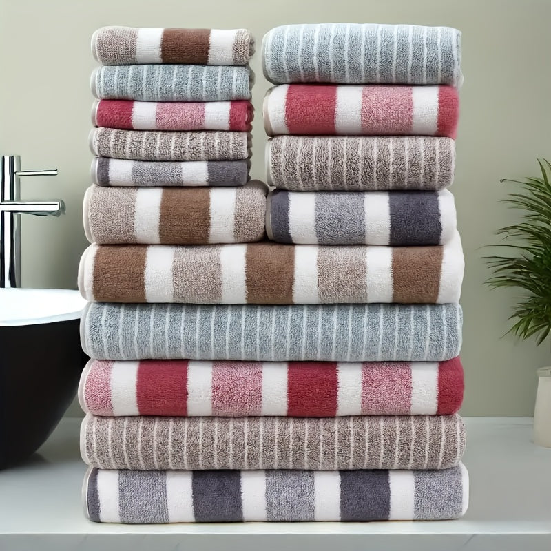 Coral Fleece Towel Set 9 or 15 Piece No Hair Loss 320GSM - Super Soft Absorbent Two-Color Striped | 2 Bath 2 Face 5 Hand Towels | Gray Brown Red Green Blue Mixed | Bathroom Beach Essentials