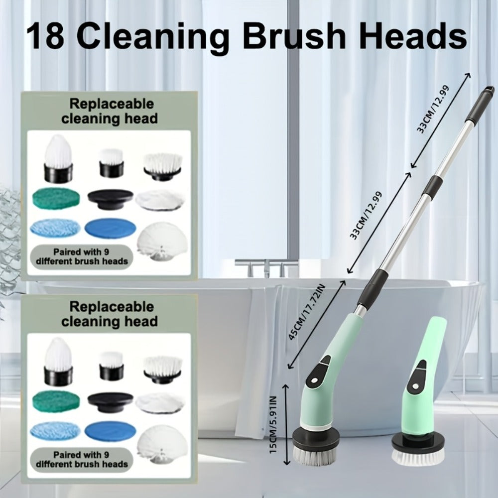 Electric Spin Scrubber with 9 Interchangeable Brush Heads 5 Speed Settings & 3 Extendable Handles - Power Scrubber for Bathroom Kitchen Tile Floor Carpet, Cordless Rotary Cleaning Brush Green White