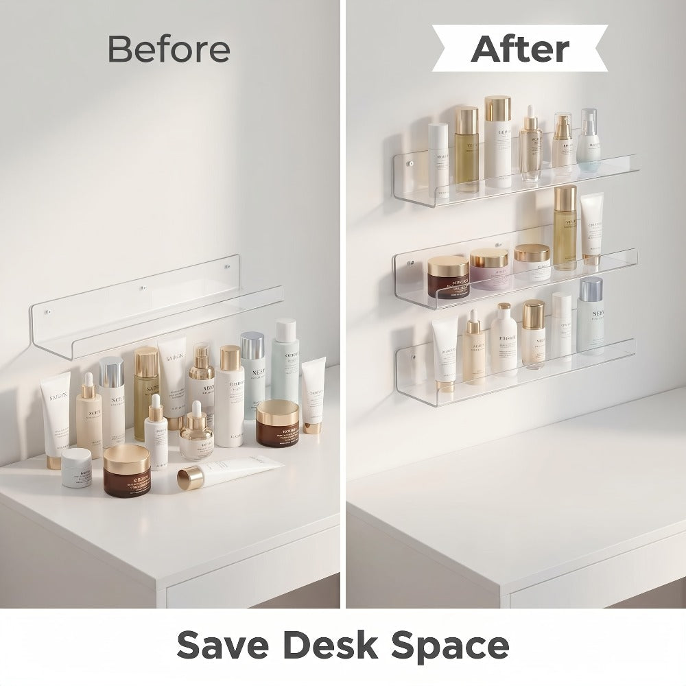 Acrylic Floating Wall Shelves - Clear Display Shelf Organizer for Bathroom, Bedroom, Living Room & Kitchen, 15x4 Inch Wall Mounted Storage Bookshelf, Set of 4/8/16 Pack Room Decor