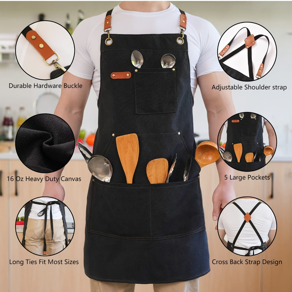 Chef Apron Crossback Canvas Work Apron with Extra Large Pockets for Men Women - Professional Kitchen Cooking BBQ Gardening Workshop Bib Apron Heavy Duty