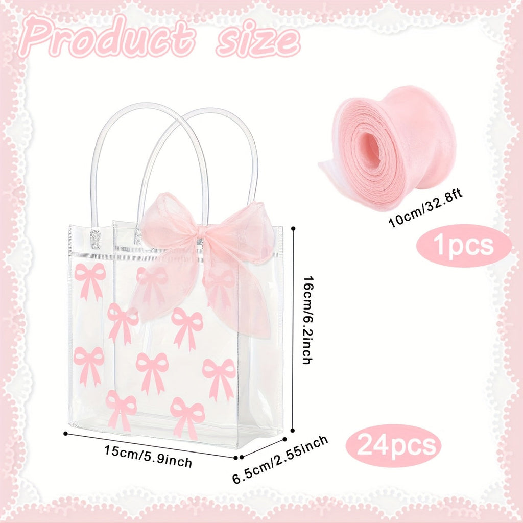 Clear PVC Gift Bags 24pcs with Pink Bow & Ribbon | Party Favor Bags for Wedding Birthday Baby Shower Christmas